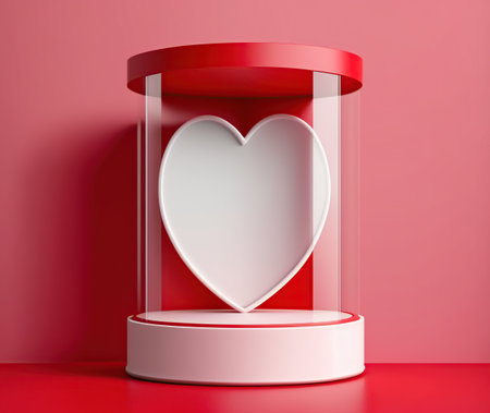 White heart in a glass jar on a red background. 3d renderingの素材