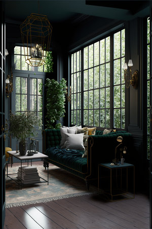 Interior of modern living room with black walls, wooden floor, green sofa with pillows and armchair near window.の素材