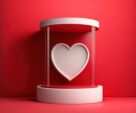 3d render of glass showcase with heart on red wall background.の素材