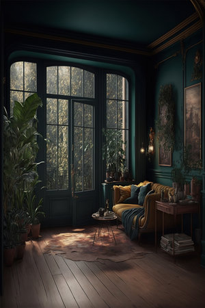 Interior of classic living room with green walls, wooden floor, armchair and window.の素材