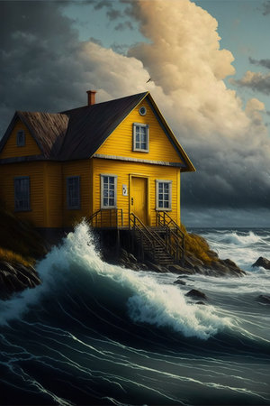 Yellow house on a stormy seashore.の素材