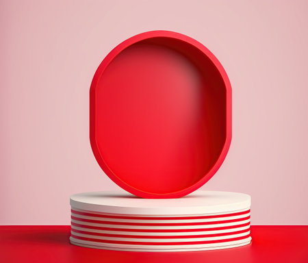 3d render of red round podium for product display on pink backgroundの素材