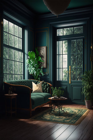 Classic interior of living room with green armchair.の素材