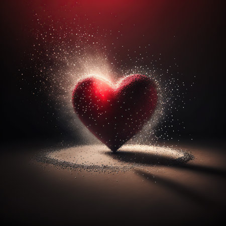 Red heart on a dark background with sparkles, 3d illustrationの素材