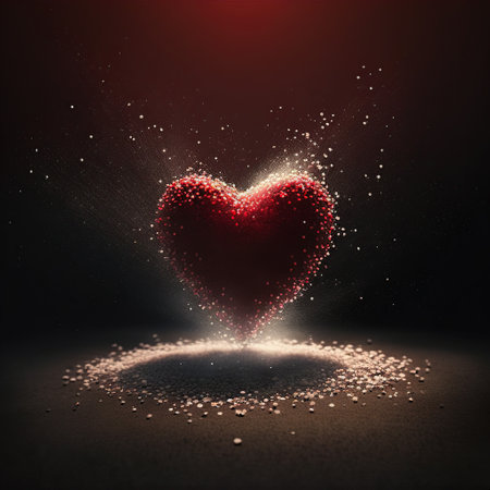 Red heart with particles on dark background. 3d render illustration.の素材