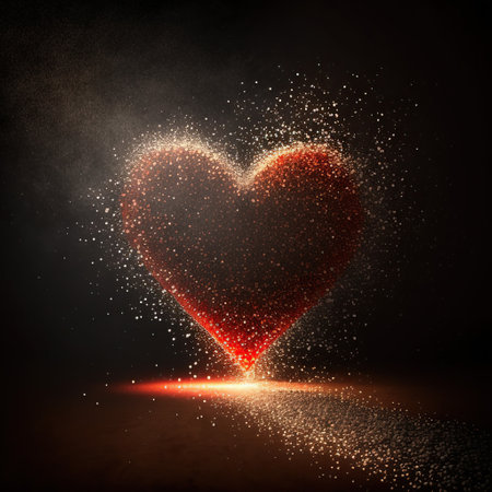 Glowing heart shape with particles on dark background, 3D renderingの素材