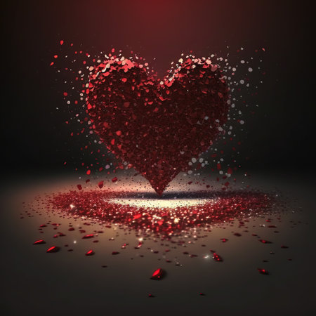 Red heart on a dark background with sparkles. 3d renderingの素材