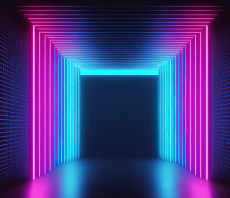 Abstract neon light tunnel on dark background, 3d render illustration.の写真素材