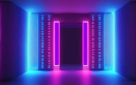 3d render, abstract background with neon lights, empty room, ultraviolet lightの写真素材