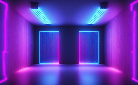 3D rendering of Futuristic interior with neon lights. Abstract background. Futuristic interior design.の写真素材