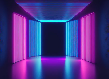 3d render, abstract background. Futuristic interior with neon lights.の写真素材