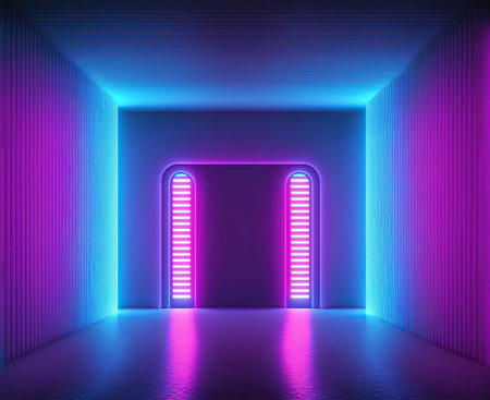 3d rendering of a neon tunnel with glowing lights in a dark roomの写真素材