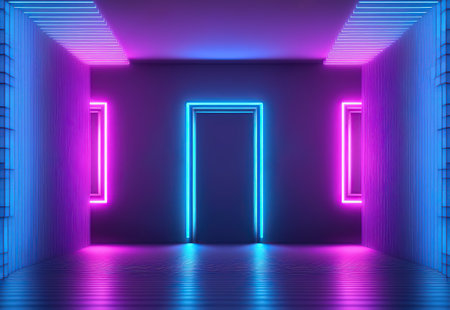 Illuminated corridor with neon lights, 3d rendering. Computer digital drawing.の写真素材