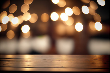 Empty wooden table and blurred background of restaurant with bokeh lightの写真素材