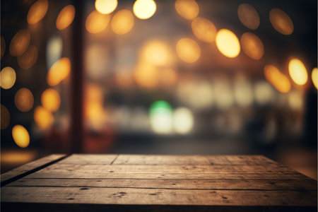 Empty wooden table and Coffee shop blur background with bokeh image.の写真素材