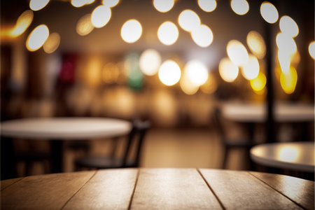 Empty wood table and Coffee shop blur background with bokeh image.の写真素材
