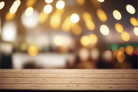Empty wooden table and bokeh lights background, product display montageの写真素材