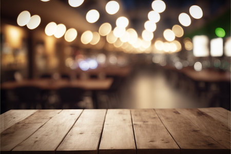 Empty wood table and Coffee shop blur background with bokeh image.の写真素材