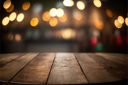 Empty wooden table and bokeh lights background. For product displayの写真素材