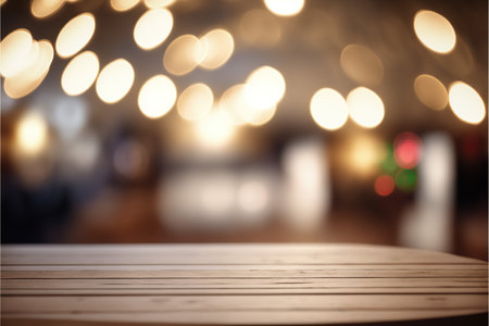 Empty wooden table and Coffee shop blur background with bokeh image.の写真素材