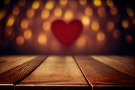 Wooden table and heart bokeh background. Valentines day conceptの写真素材