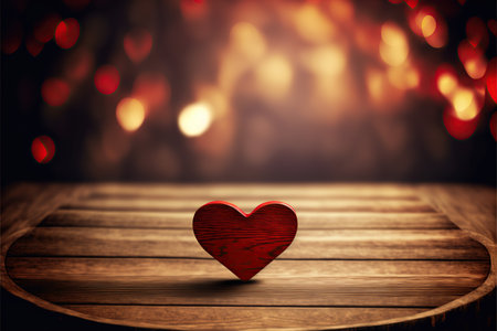 Red heart on a wooden table in front of a bokeh backgroundの写真素材