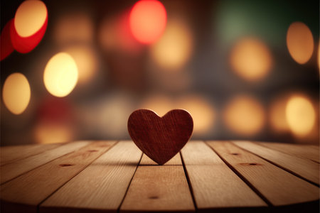 Wooden heart on wooden table in front of bokeh lightsの写真素材