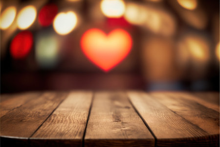 Empty wooden table and heart bokeh background. For product displayの写真素材