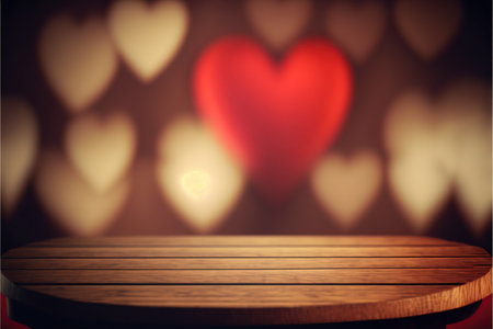 Empty wooden table over blur heart bokeh background, product displayの写真素材