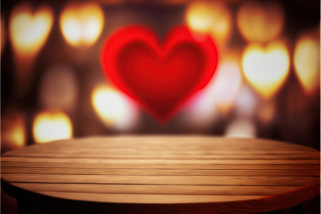 Empty wooden table and abstract heart bokeh background. For product displayの写真素材