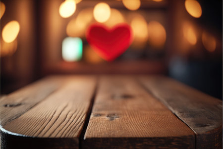 Wooden table in front of blurred background with heart bokehの写真素材