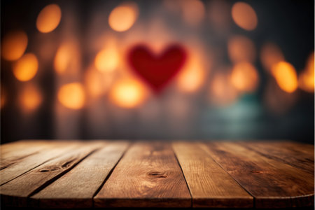 Wooden table in front of blurred lights background. Valentines day conceptの写真素材