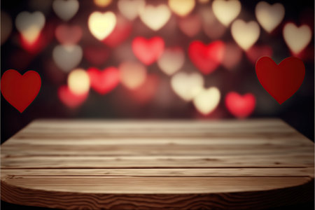 Valentine's day background with wooden table and heart bokehの写真素材