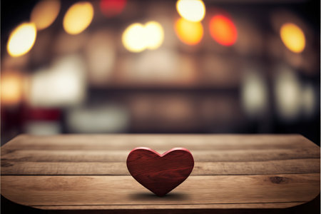 Wooden heart on a wooden table in front of a blurred backgroundの写真素材