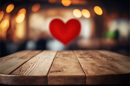 Empty wooden table and red heart bokeh background. For product displayの写真素材