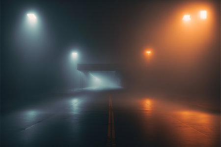 Foggy road in a foggy night. Abstract background.の写真素材