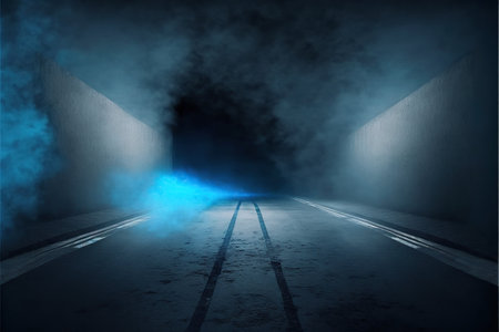 Dark tunnel with lights and fog. 3d rendering. Computer digital drawing.の写真素材