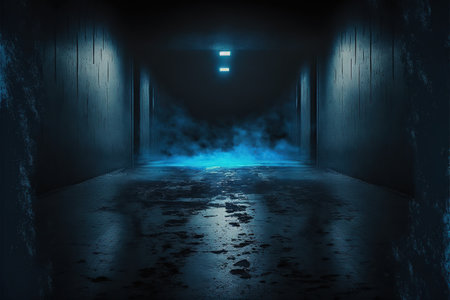 Dark corridor with neon lights, 3d rendering. Computer digital drawing.の写真素材