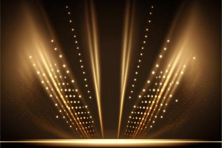 Abstract background with golden lights and rays.の写真素材
