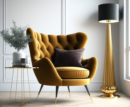 interior with yellow armchair, 3d render and black lampの写真素材