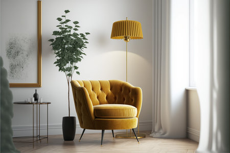 modern living room with yellow armchair, lamp and plant. 3d renderの写真素材