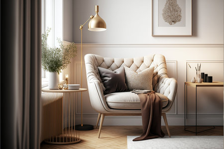 Living room interior with armchair, coffee table, bookshelf, lamp and plant. 3d renderの写真素材