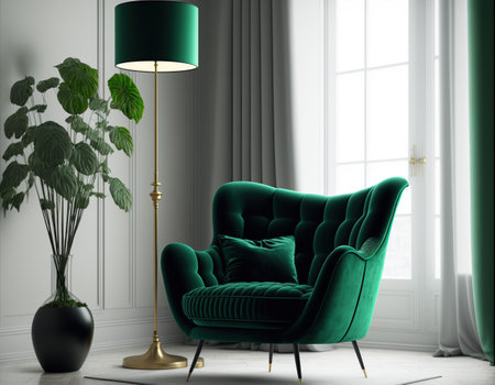 interior with green armchair and floor lamp, 3d renderの写真素材