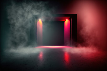 Dark room with door, neon light and smoke, 3d renderingの写真素材