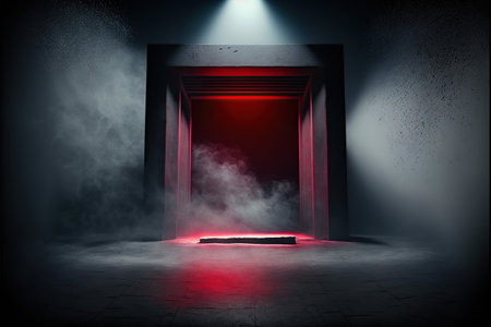 Door with red light and smoke, 3d rendering. Computer digital drawing.の写真素材