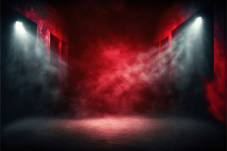 Empty room with red smoke and spotlights. 3D rendering.の写真素材