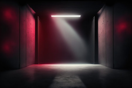 Empty dark room with red spotlight and concrete floor. 3D renderingの写真素材