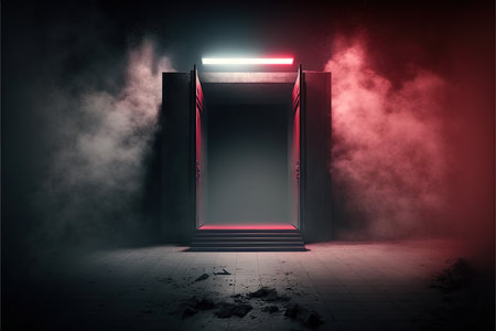 Door to the dark with red light and smoke. 3D renderingの写真素材