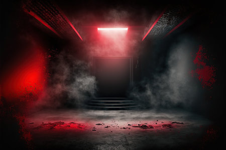 Empty dark room with neon light and smoke. 3D Renderingの写真素材