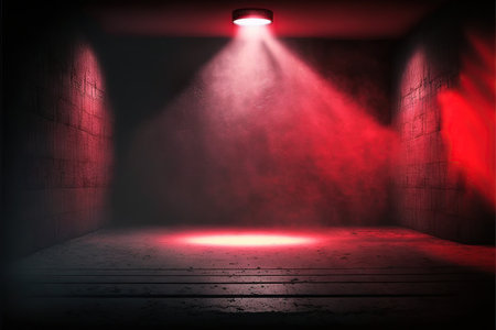 Red stage spotlight in dark room with brick wall and wooden floor.の写真素材